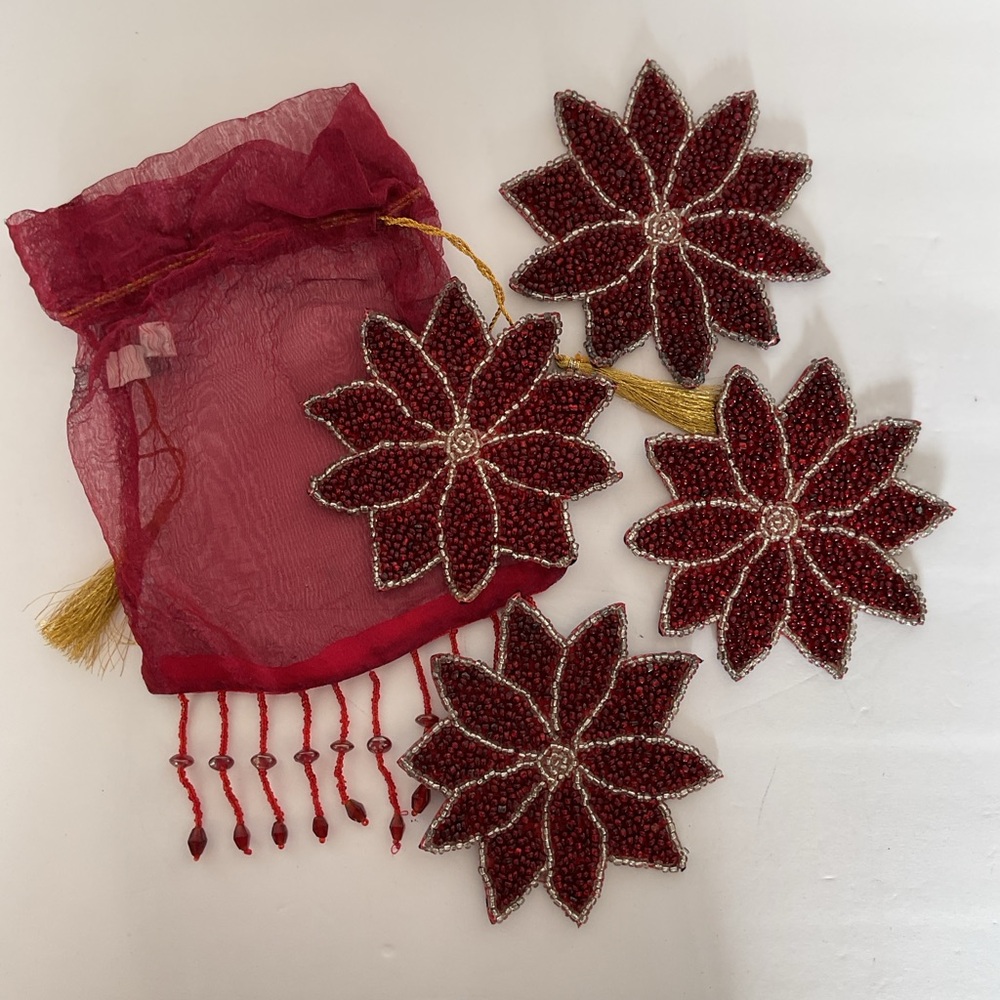 NWOT Red beaded poinsettia coasters